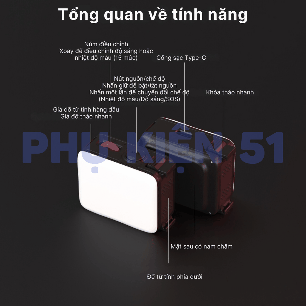 Đèn trợ sáng TELESIN cho DJI Action 6 / Nano kèm chân Cold Shoe hỗ trợ nhiều phụ kiện