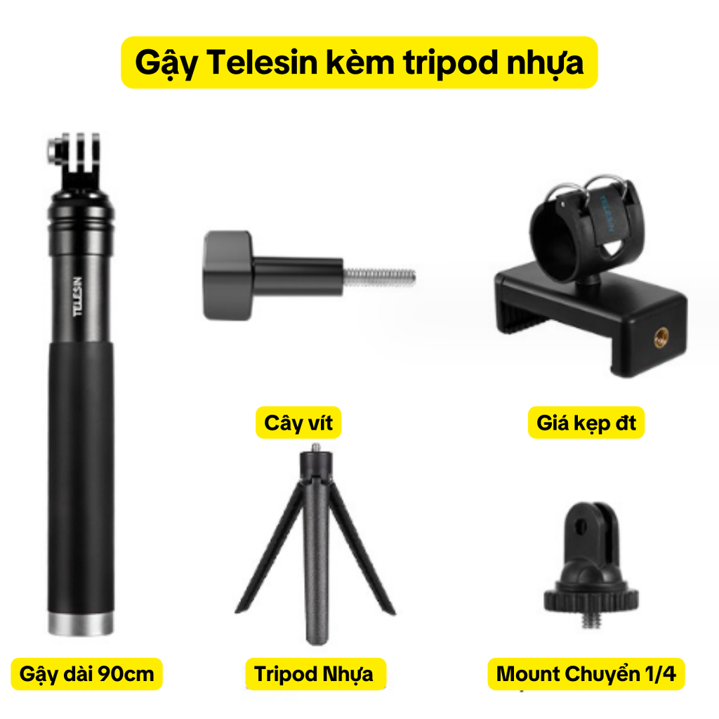 Gậy Telesin 6 in 1 kèm tripod tích hợp gắn điện thoại trên gậy tương thích mọi ActionCam dài 90cm - Hàng chính hãng