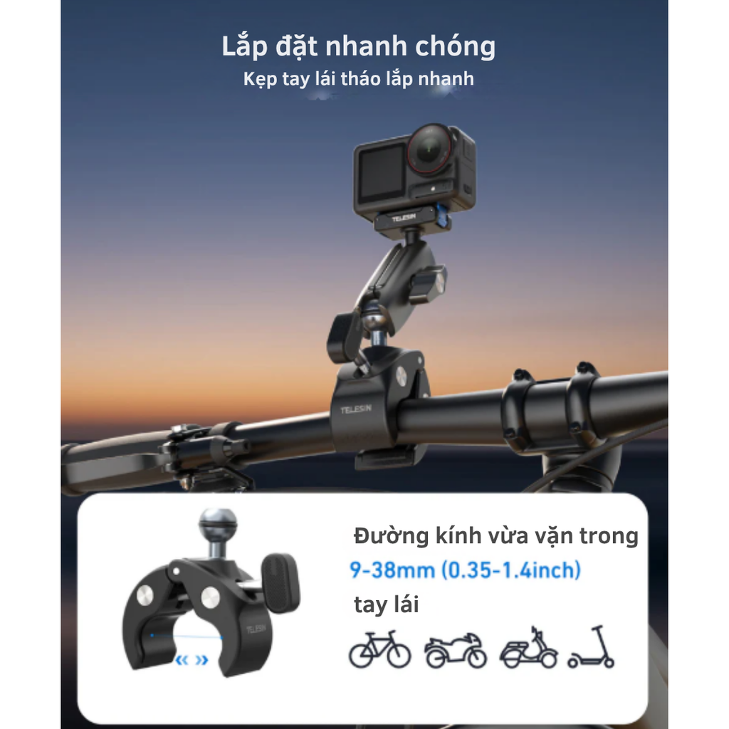 Kẹp càng cua Telesin cho Action 5 4 3 Osmo 360 gắn ghi đông xe xoay 360 độ tuỳ chỉnh