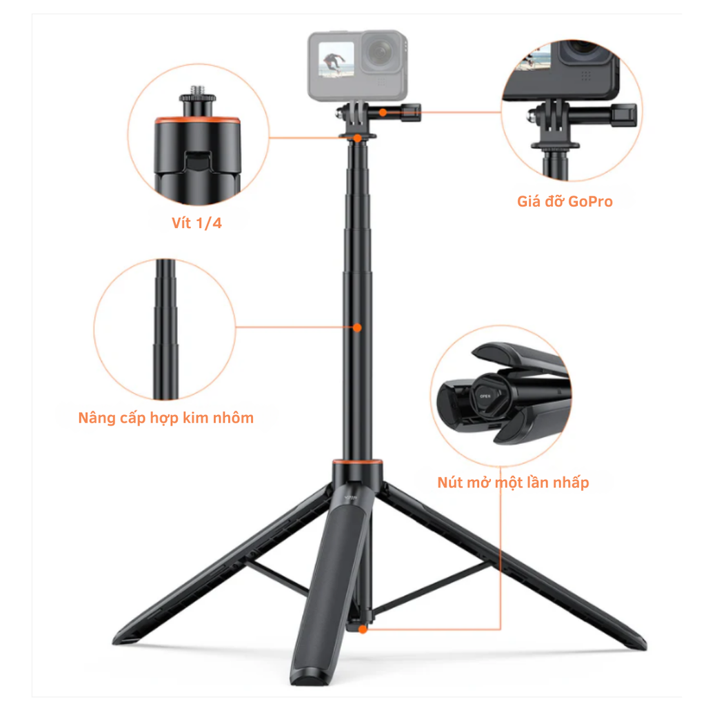 Gậy Vrig Tp 21 kéo dài 128cm tích hợp tripod gắn Actioncam Gopro Insta360 Actioncam