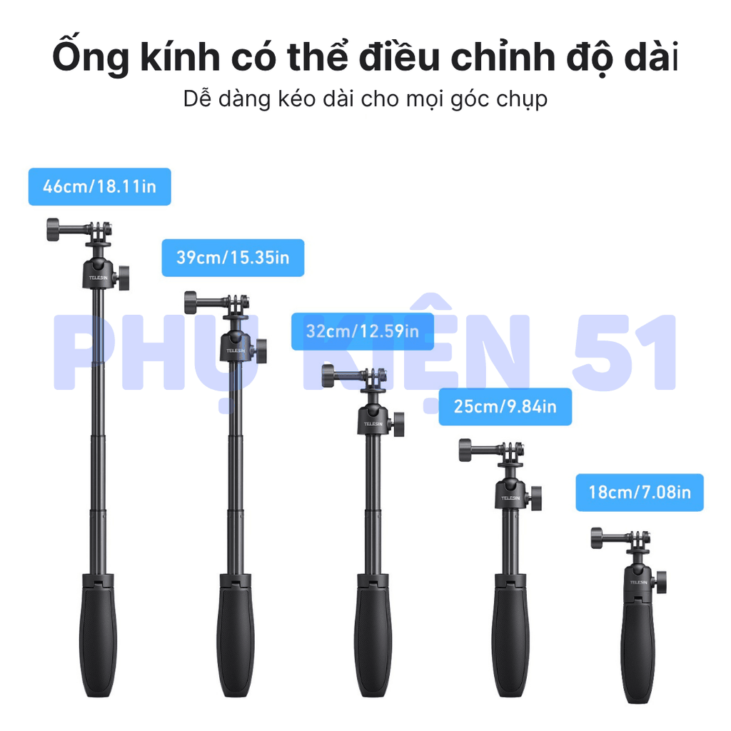 Tripod Mini Telesin 3.0 gắn actioncam Gopro Action Ace Pro xoay 360 độ kéo dài