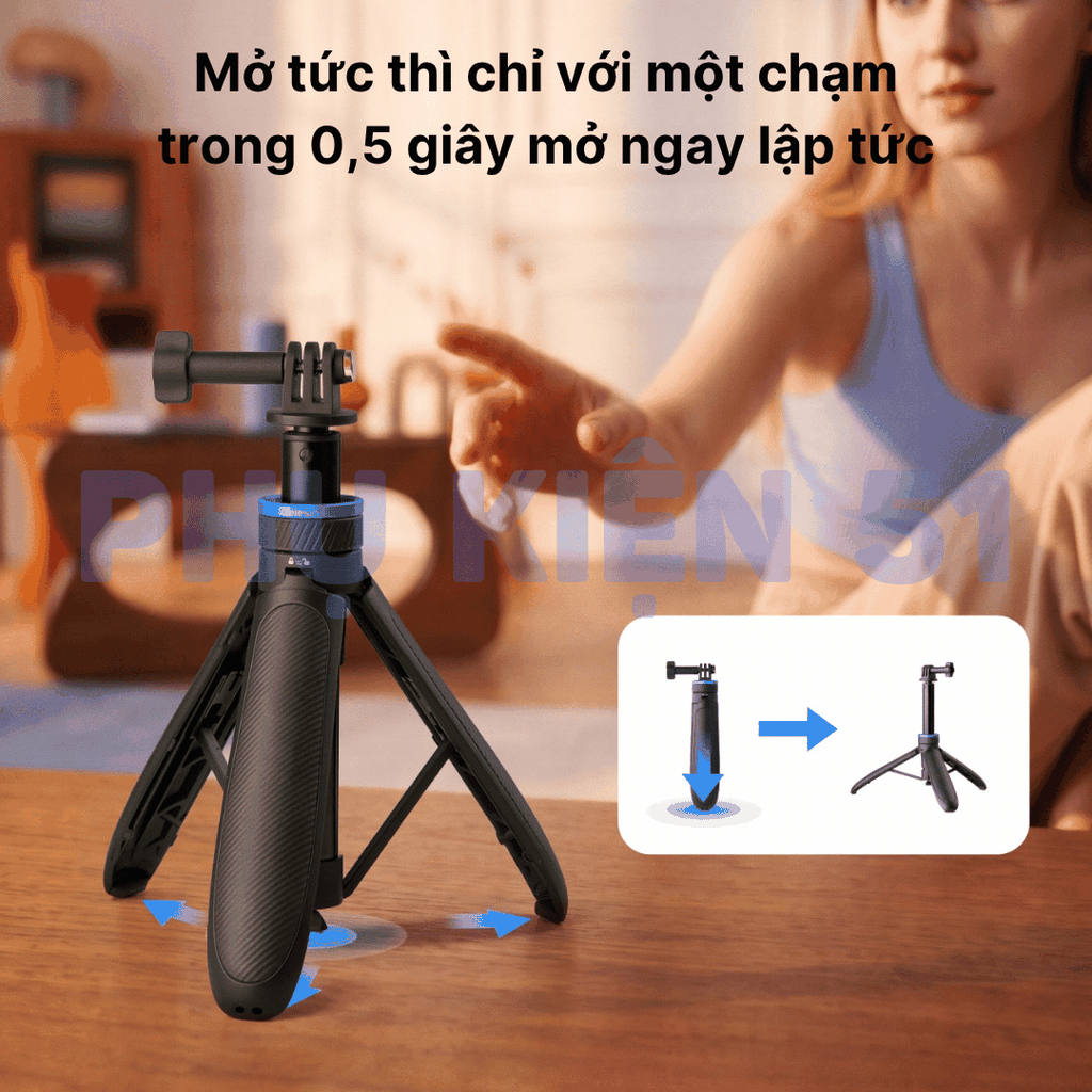 Tripod Telesin tự bung chân kéo dài 65cm gắn Actioncam Pocket Gopro Insta360 gấp gọn