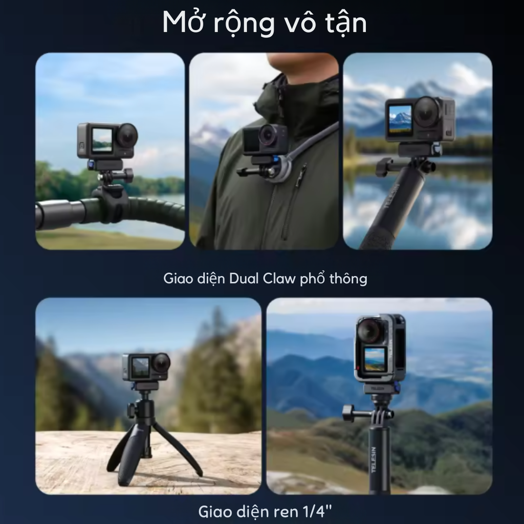 Ngàm Telesin Osmo Action 5 4 3 Osmo 360 Nano tích hợp ren 1/4 tiện lợi