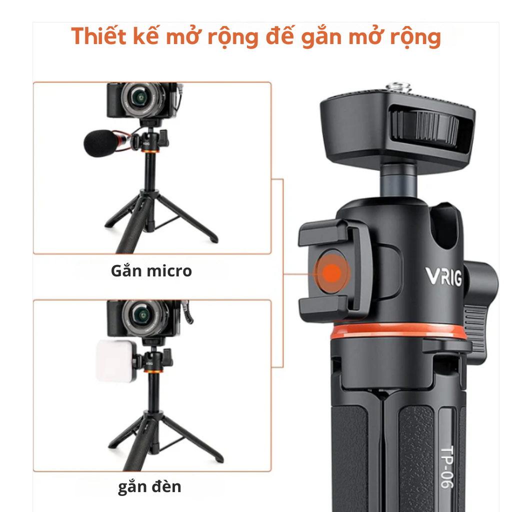 Tay cầm Vrig TP 06 mini vlog chịu tải 1,5kg cứng cáp gắn máy ảnh điện thoại Actioncam Gopro Action