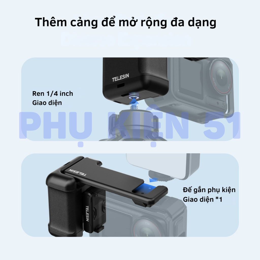 Báng tay cầm Telesin DJI Action 3 4 5 Pro tương thích khung kim loại khung nguyên bản