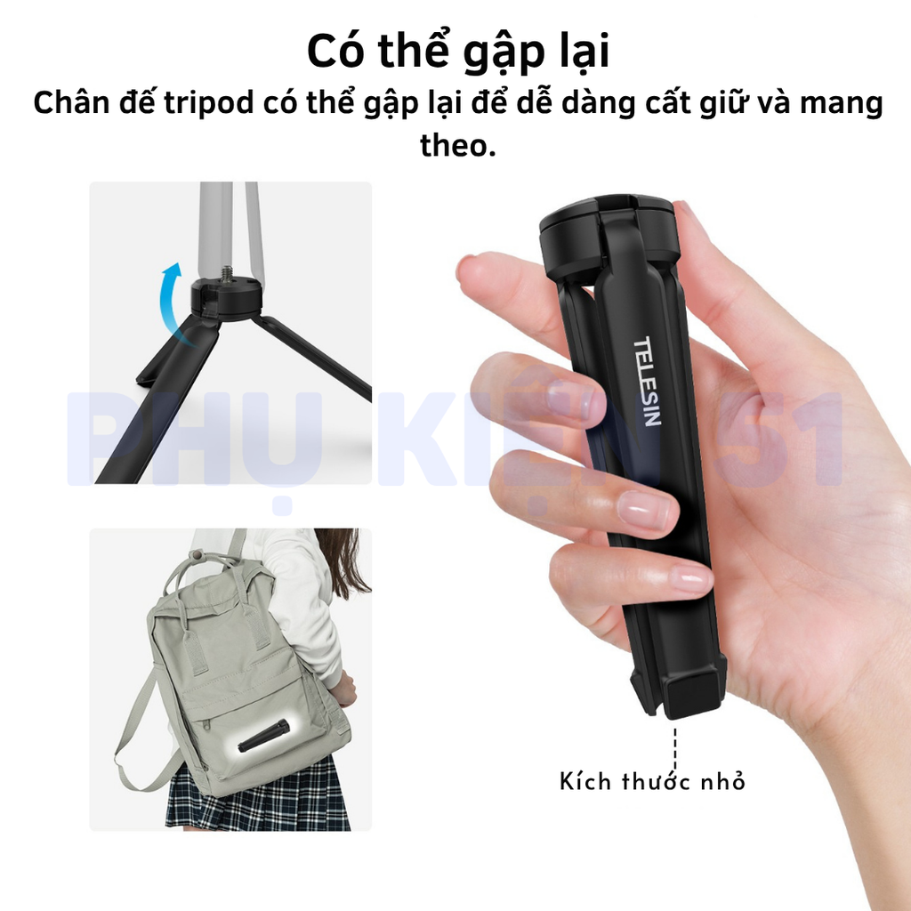 Tripod gấp gọn Telesin hợp kim nhôm dùng pocket 3 , gậy Actioncam