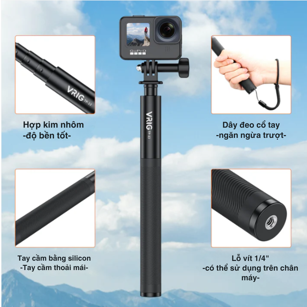 Gậy Vrig Tp-13 kéo dài 132cm gắn Insta360 Gopro Osmo Actioncam cứng cáp