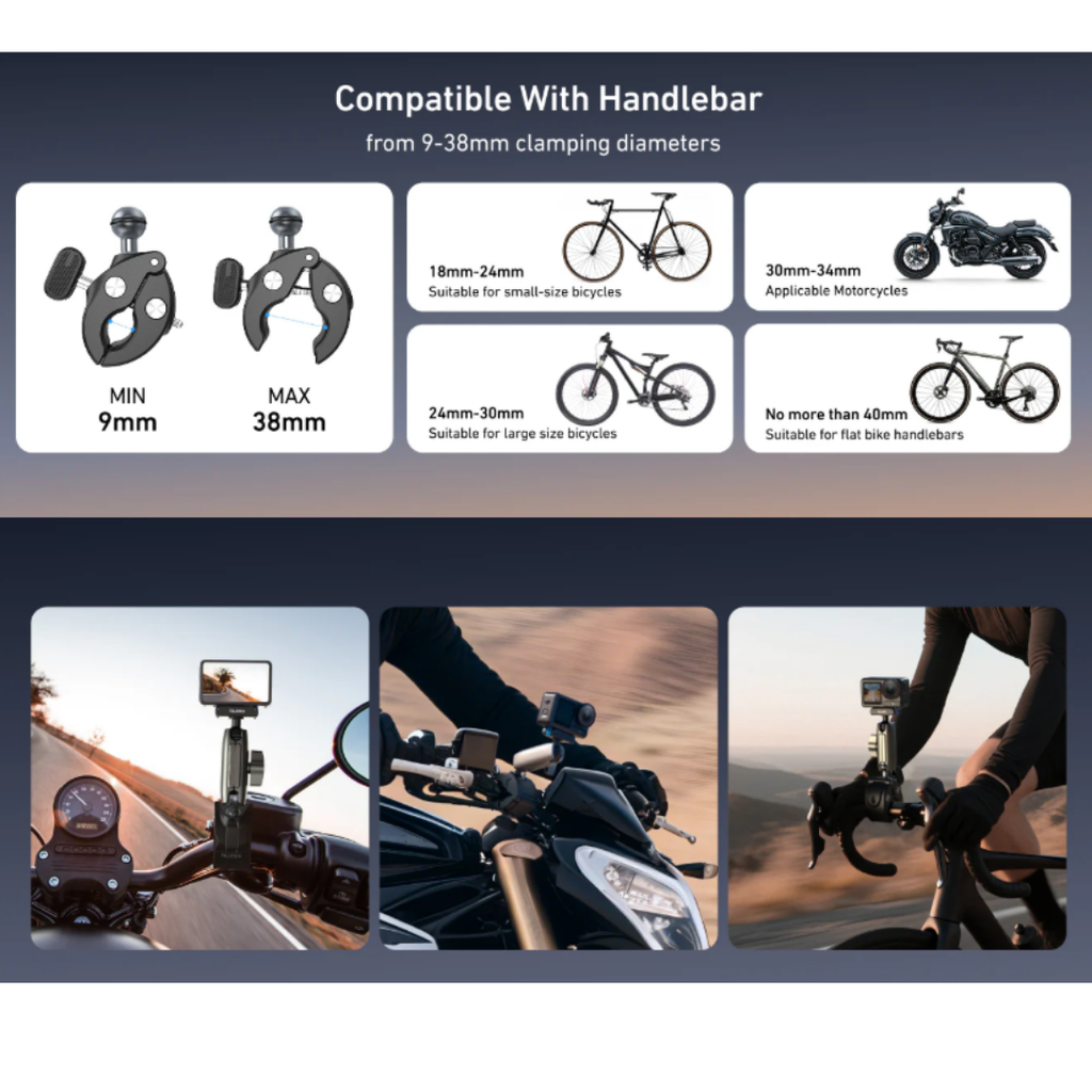 Kẹp càng cua Telesin cho Action 5 4 3 Osmo 360 gắn ghi đông xe xoay 360 độ tuỳ chỉnh