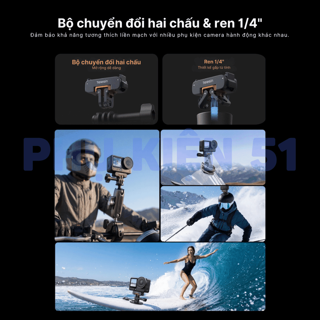 Ngàm tích hợp ren 1/4 Telesin Action 6 Nano  / Osmo 360 II tiện lợi đa năng