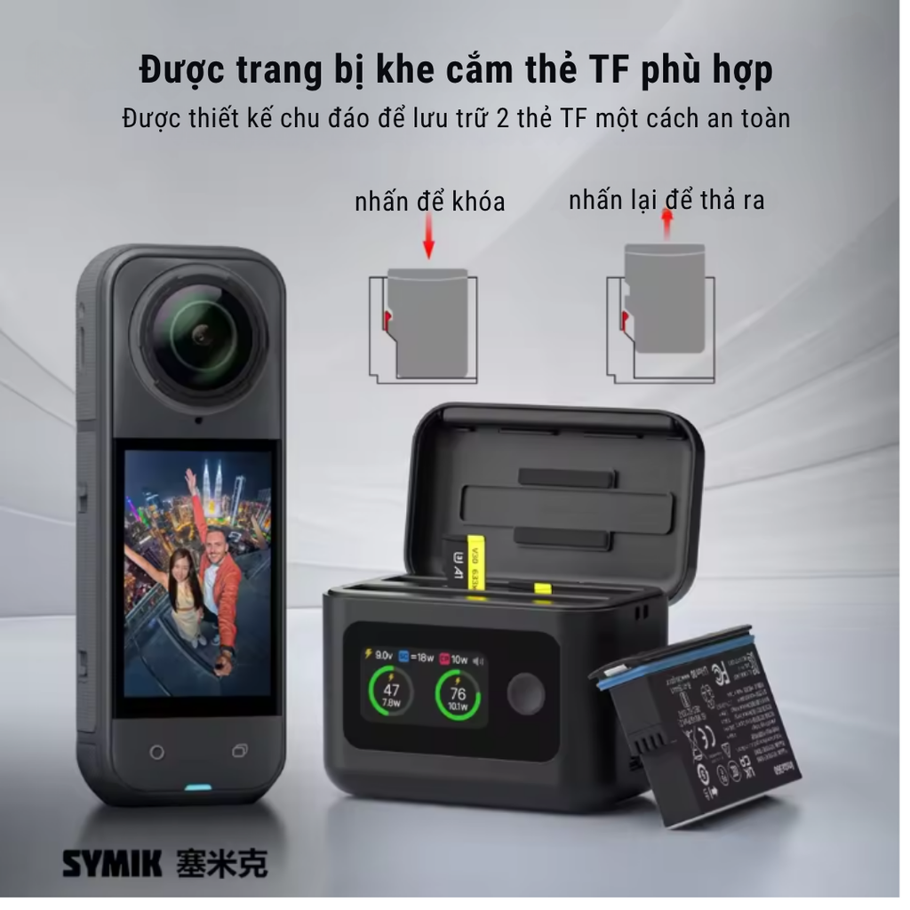 Hộp sạc nhanh Symik Insta360 X5 màn hình thông minh đủ thông số
