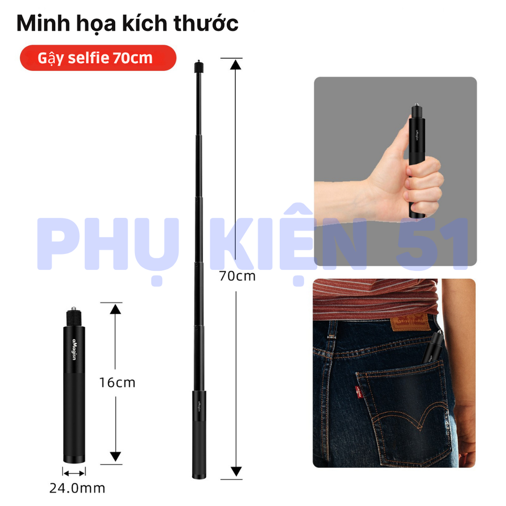 Gậy aMagisn tàng hình Insta360 X5 X4 X3 Osmo 360 kéo dài 70cm 120cm