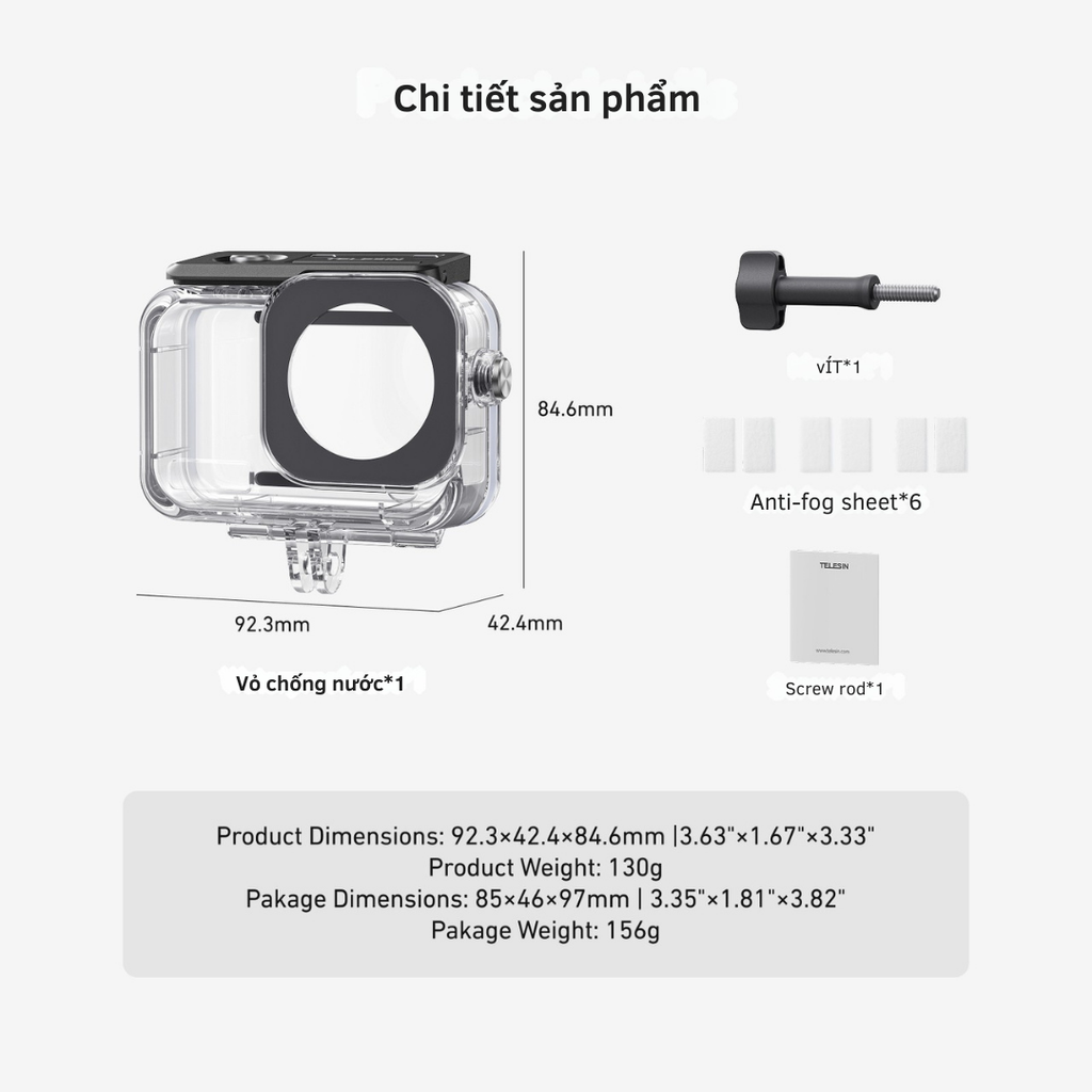 Khung vỏ chống nước TELESIN ACTION 6 chống nước đi bơi, đi lặn bảo vệ camera S4-WTP-12