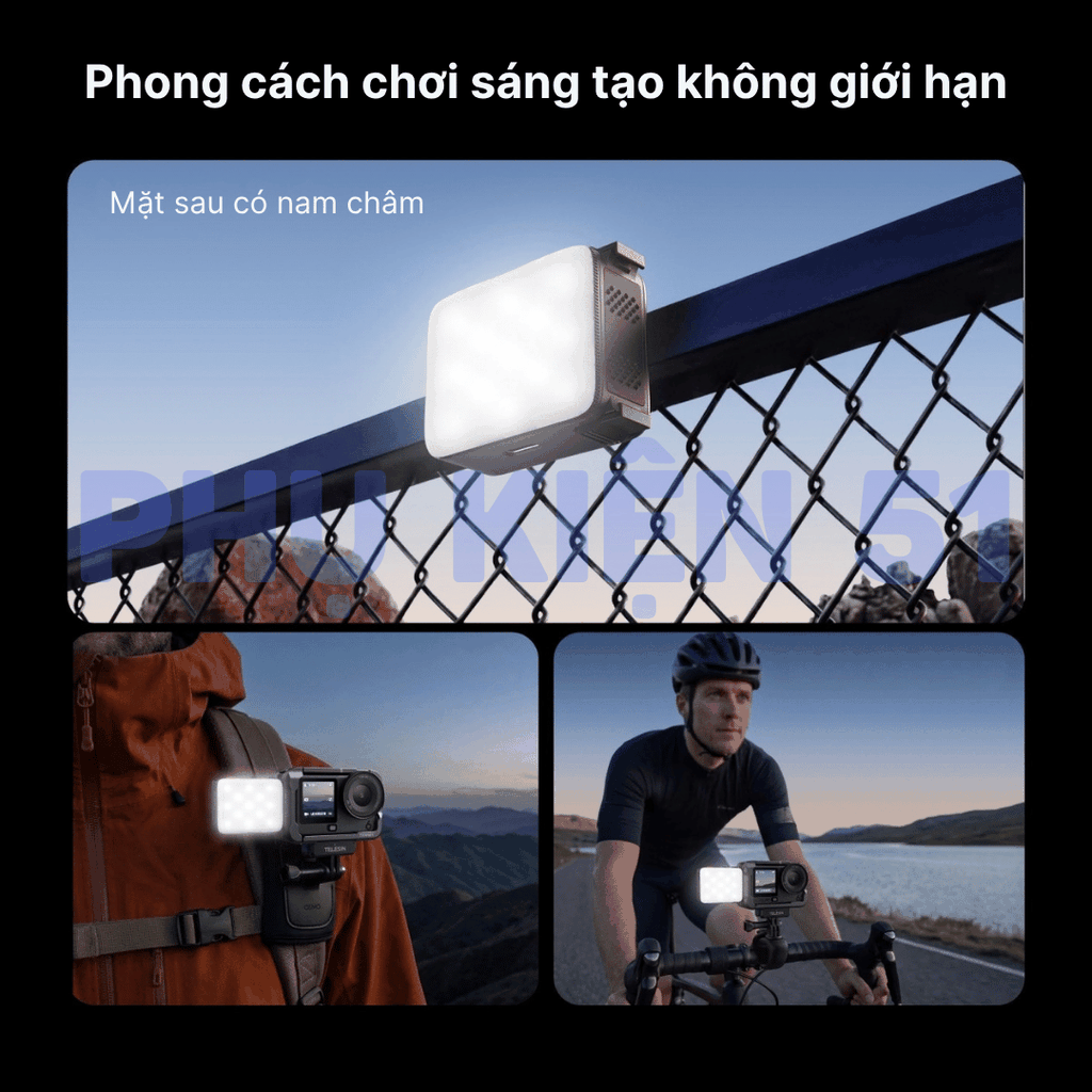 Đèn trợ sáng TELESIN cho DJI Action 6 / Nano kèm chân Cold Shoe hỗ trợ nhiều phụ kiện