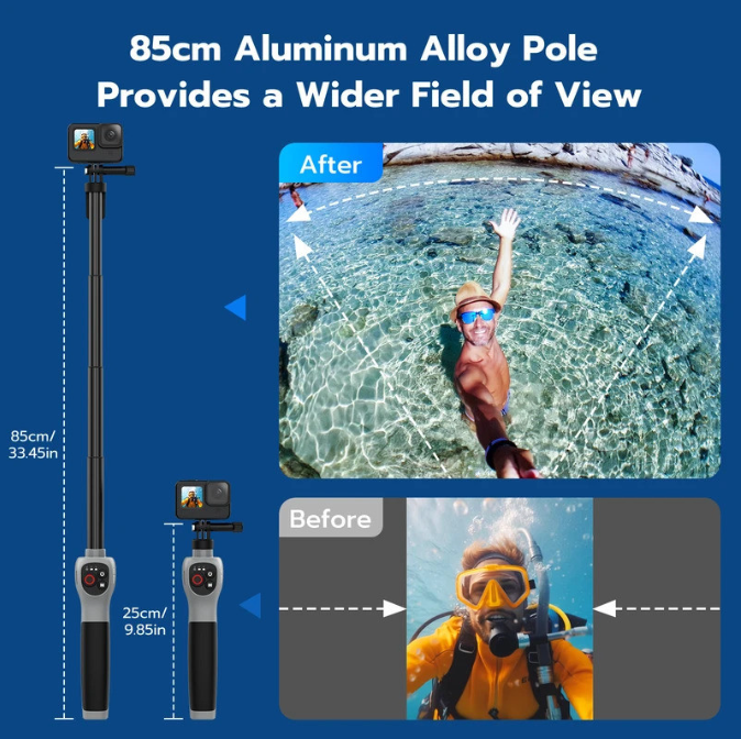 Gậy 85cm kiêm Remote Bluetooth cho Gopro 13 12 11 10 9 8 Black chống nước bơi lặn biển tiện lợi