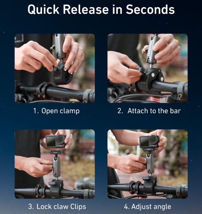 Kẹp càng cua Telesin cho Action 5 4 3 Osmo 360 gắn ghi đông xe xoay 360 độ tuỳ chỉnh