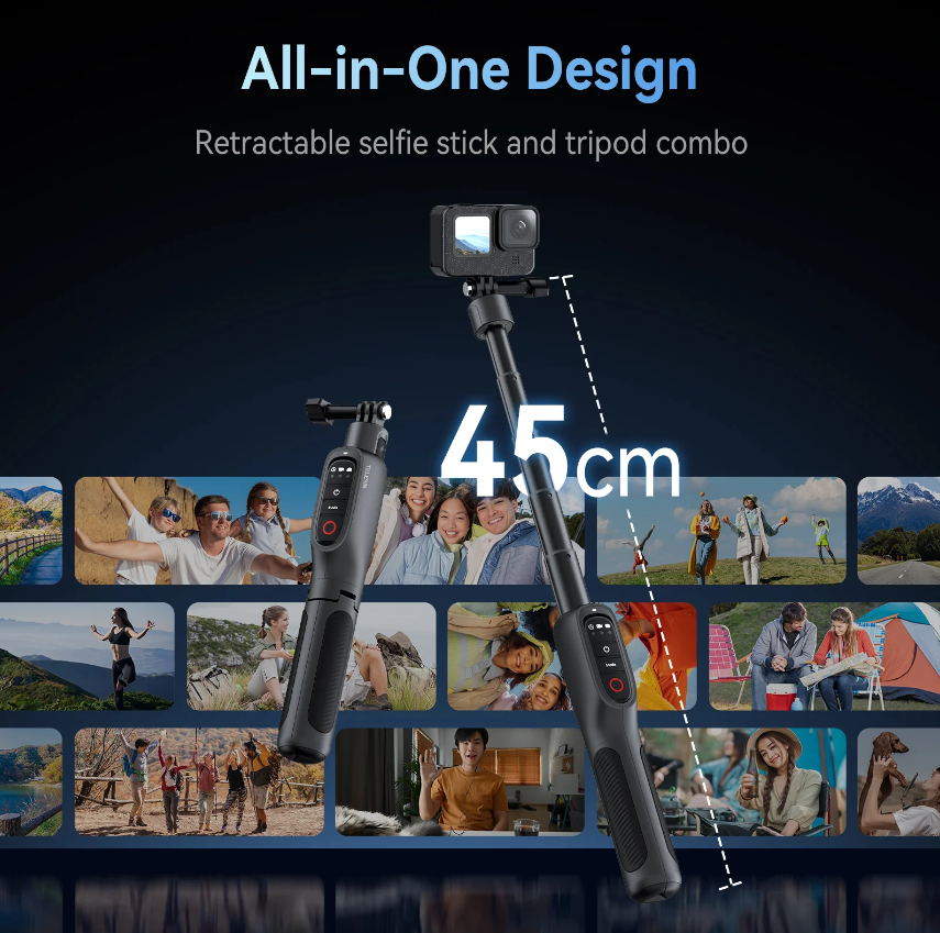 Gậy sạc kiêm Tripod Điều khiển Bluetooth Gopro 13 12 11 10 9 Black kéo dài 45cm bluetooth xa 10m