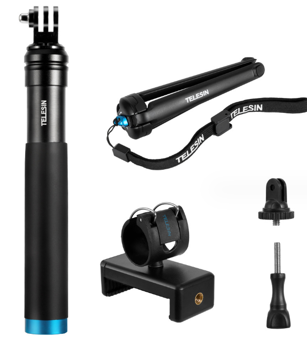 Gậy Telesin 6 in 1 kèm tripod tích hợp gắn điện thoại trên gậy tương thích mọi ActionCam dài 90cm - Hàng chính hãng