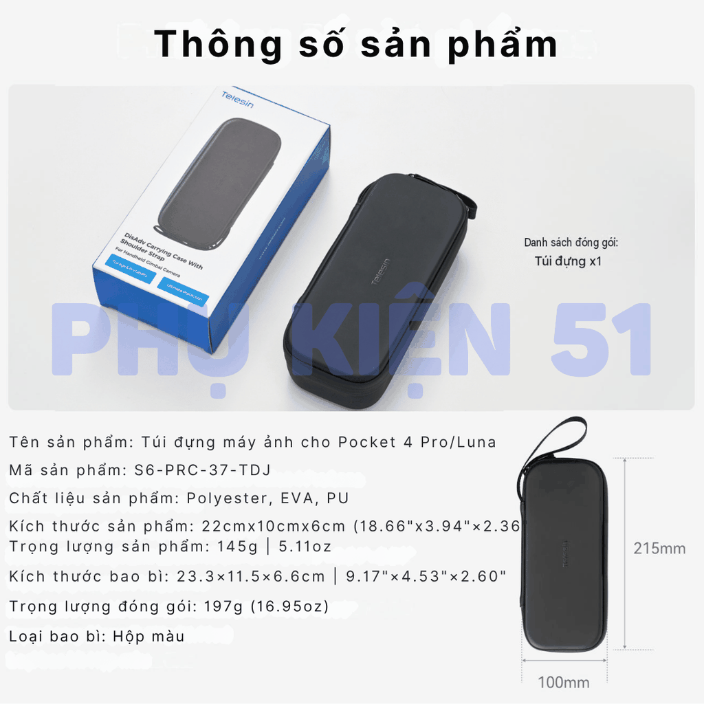 Túi Telesin đựng Pocket 4 Pro Insta360 Luna vừa khít bảo vệ gimbal