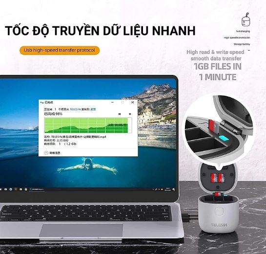 Pin Gopro 12 11 10 9 Black và ALLIN box Telesin hỗ trợ sạc , đọc thẻ TF