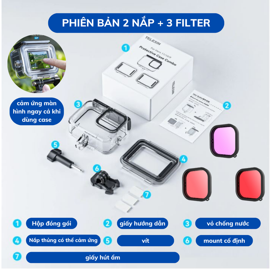 Khung chống nước TELESIN dành cho GoPro Hero 13 12 11 10 9 Black - Bản Combo