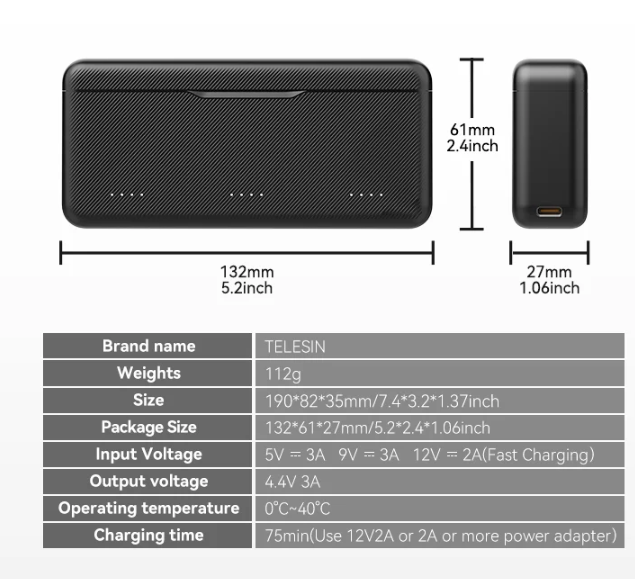Hộp Sạc TELESIN cho Action 5 Pro 4 3 có đèn báo dung lượng 3 khe sạc tiện lợi sạc nhanh