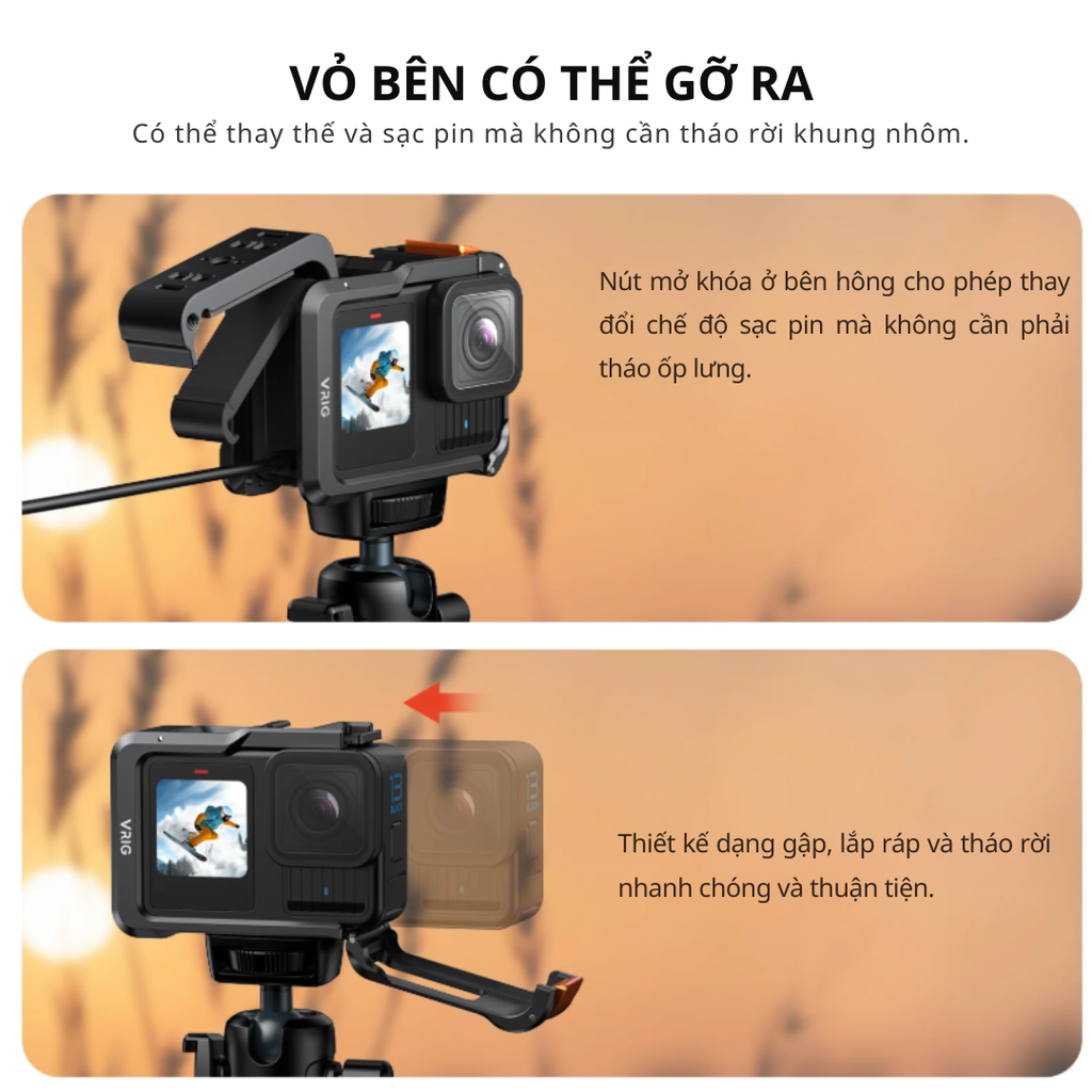 Khung Vrig GA-02 Gopro 13 12 11 10 9 Black hợp kim nhôm chắc chắn hỗ trợ quay ngang dọc