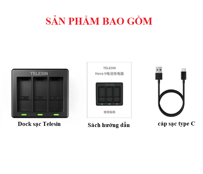 Pin Gopro 12 11 10 9 Black và Dock sạc Telesin sạc 3 pin