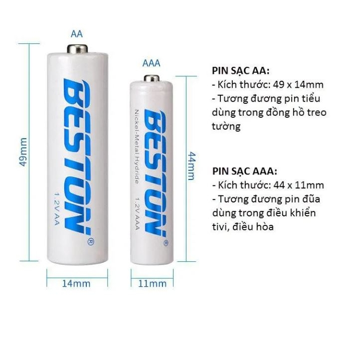 Pin sạc AA dung lượng cao 3300mAh/ Sạc tự ngắt AA AAA Beston Sạc nhanh, đèn led thông báo cho micro, loa, đồ chơi,