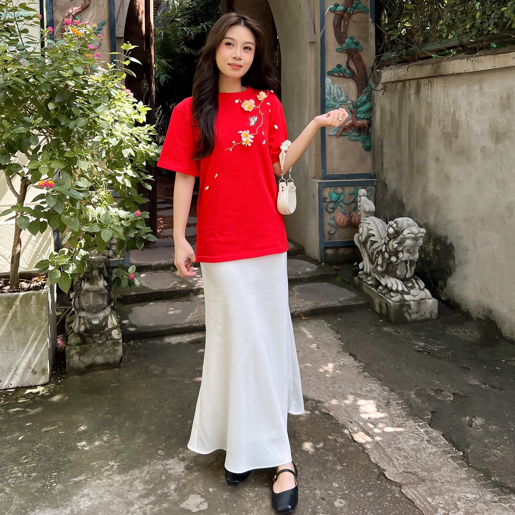 Áo Thun Thêu Ruy Băng Thủ Công - Bướm Xuân Nhành Mai