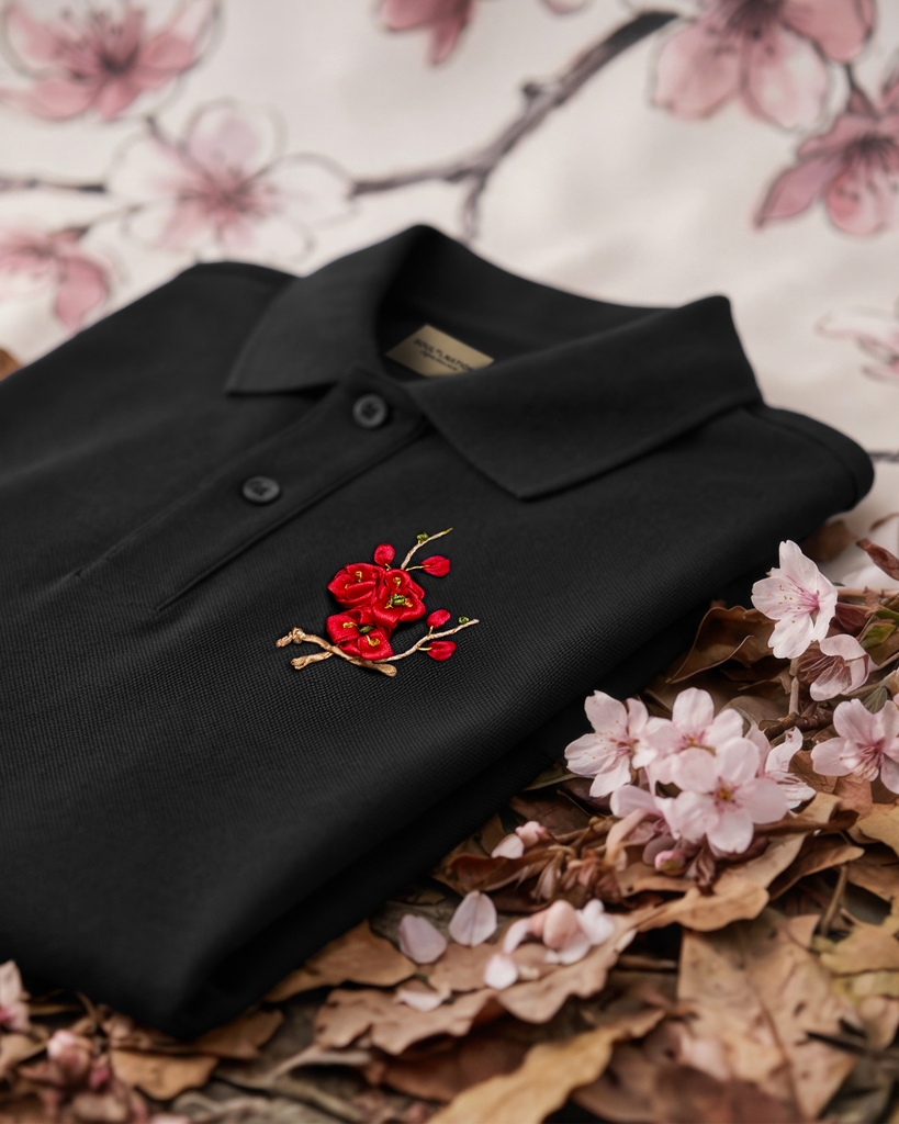 Áo Polo Thêu Ruy Băng Thủ Công - Đào Hoa Cát Tường