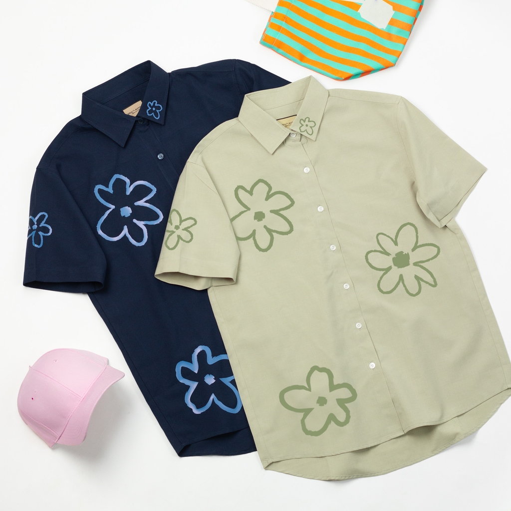 Áo Sơ Mi Tay Ngắn - Flower Pattern Olive / Xanh Navy