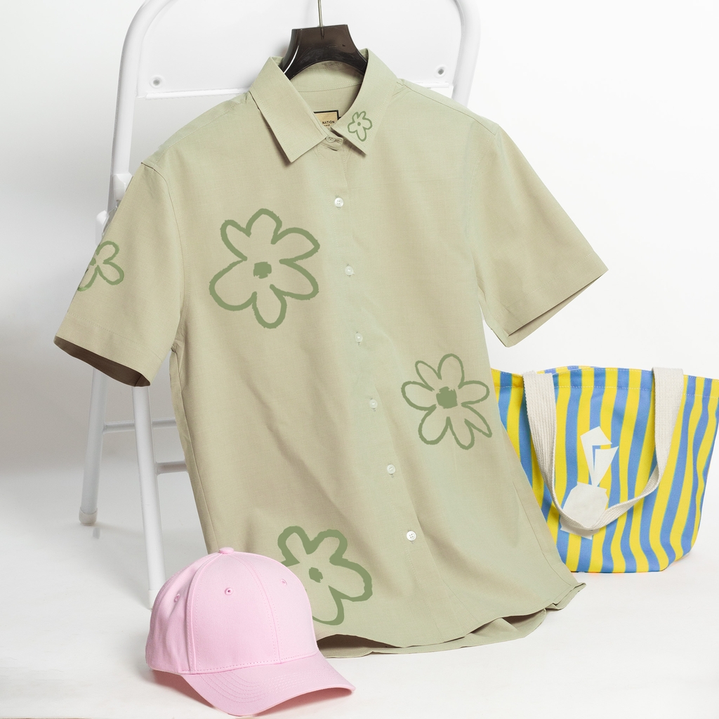 Áo Sơ Mi Tay Ngắn - Flower Pattern Olive / Xanh Navy