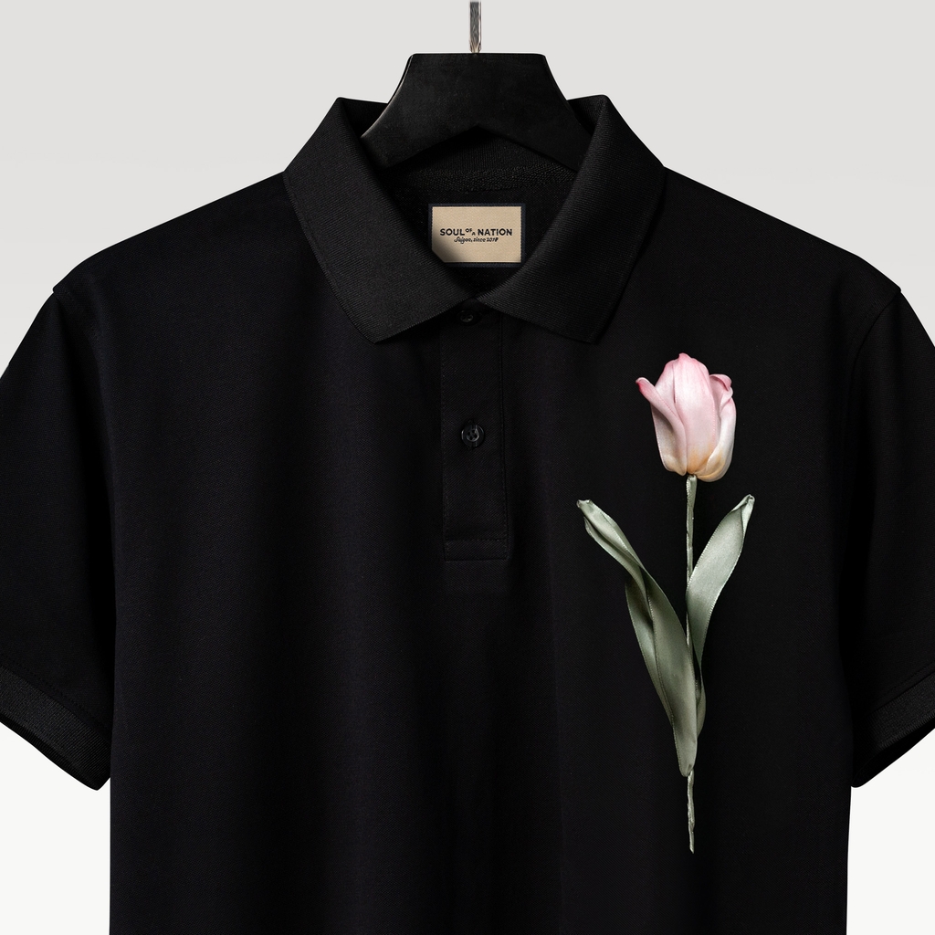 Áo Polo Thêu Ruy Băng Thủ Công - Hoa Tulip Hồng Tô Màu Nước