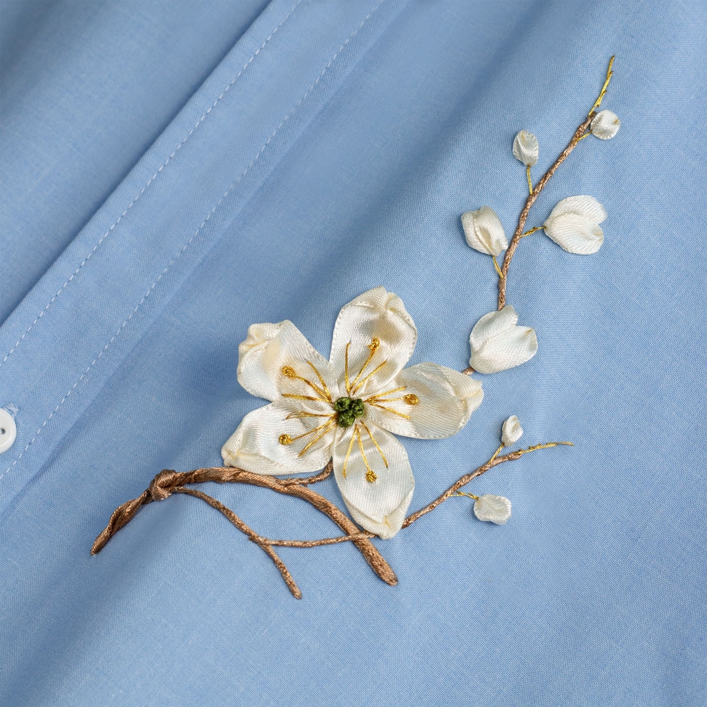 Áo Sơ Mi Thêu Ruy Băng Thủ Công - Hoa Mai