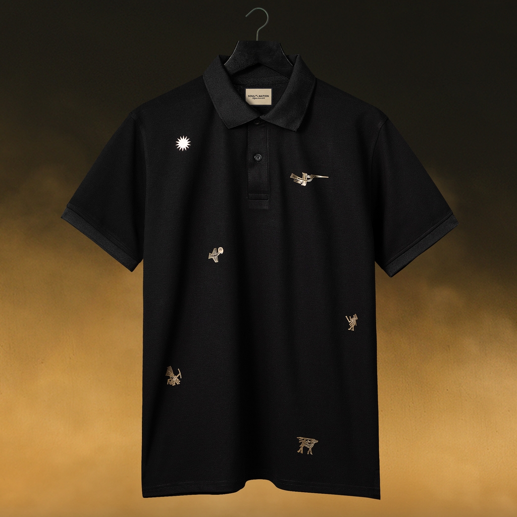 Áo Polo - Pattern Chim Lạc Trống Đồng Nhũ Vàng