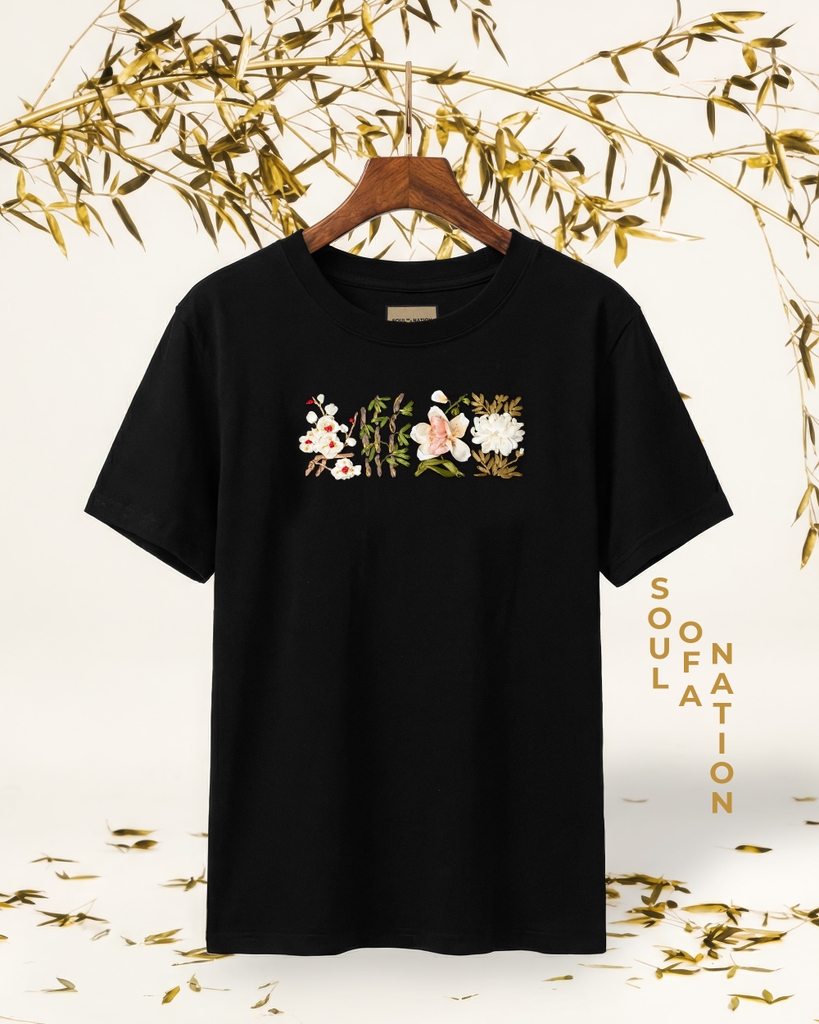 Áo Thun Thêu Ruy Băng Thủ Công - Mai Lan Cúc Trúc (Tứ Quý)