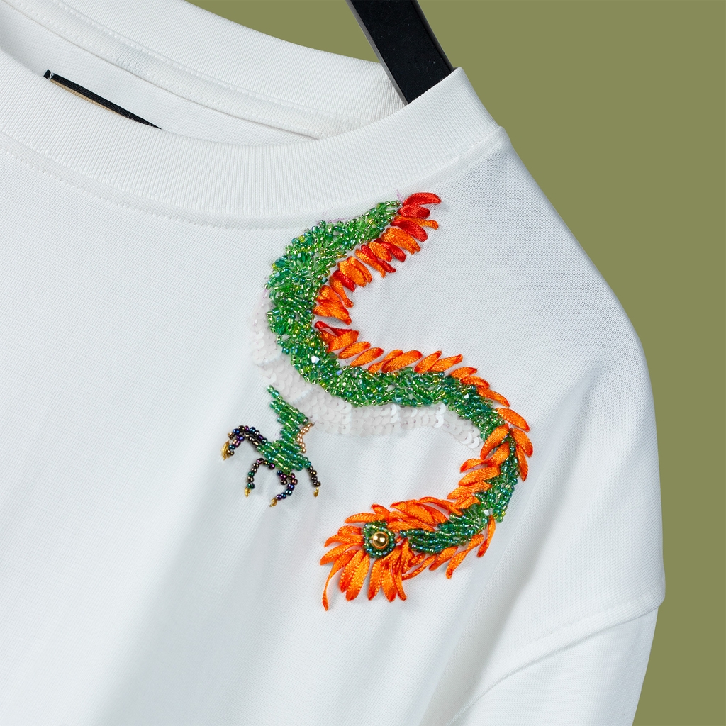 Áo Thun Thêu Ruy Băng Thủ Công - Rồng Phú Quý XANH