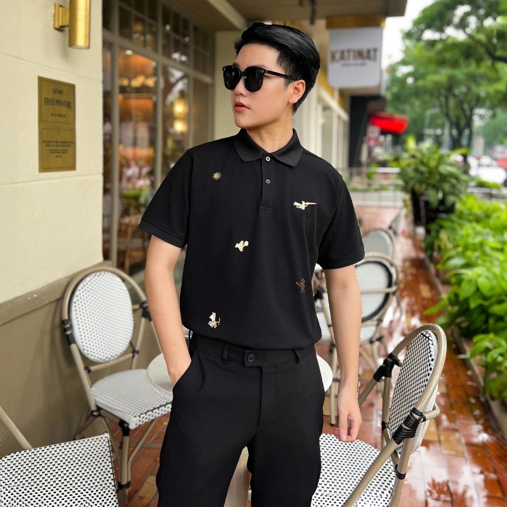 Áo Polo - Pattern Chim Lạc Trống Đồng Nhũ Vàng