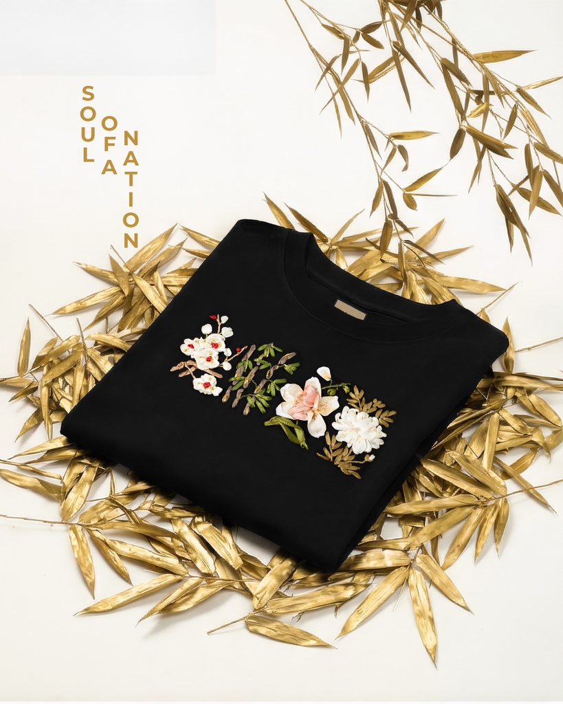 Áo Thun Thêu Ruy Băng Thủ Công - Mai Lan Cúc Trúc (Tứ Quý)