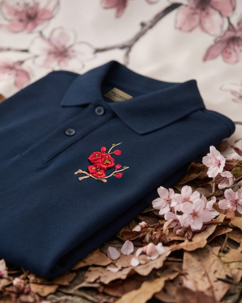 Áo Polo Thêu Ruy Băng Thủ Công - Đào Hoa Cát Tường