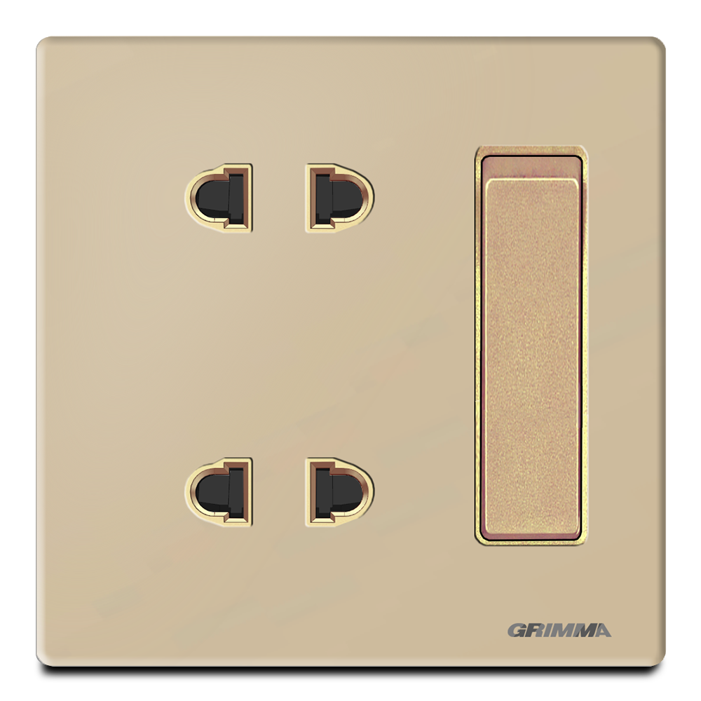 Công tắc đơn 1 chiều + ổ cắm đôi 2 chấu, mặt kính cường lực, màu vàng gold - Grimma G60GK11SK2