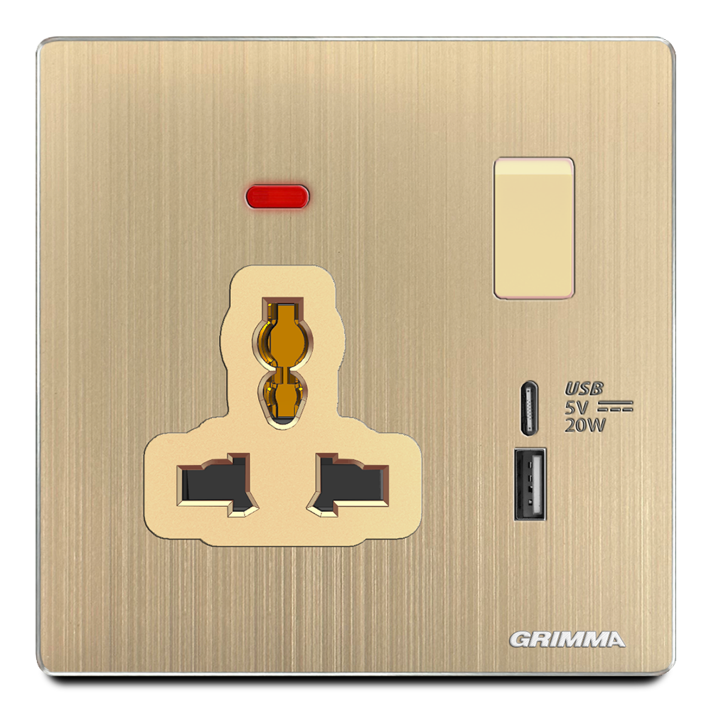 Ổ cắm có đèn báo + USB type C 20W, mặt nhôm, màu vàng gold - Grimma G52GUSB