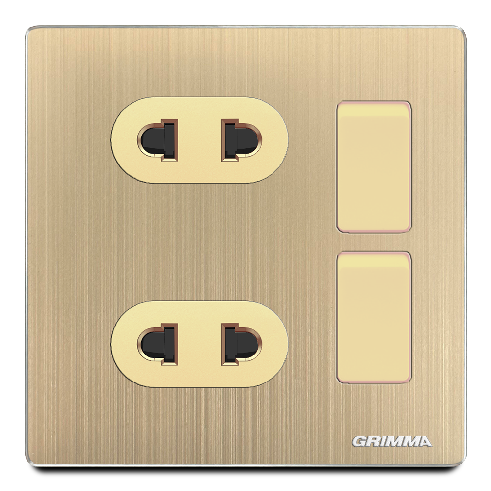 Công tắc đôi 2 chiều + ổ cắm đôi 2 chấu, mặt nhôm, màu vàng gold - Grimma G52GK22SK2