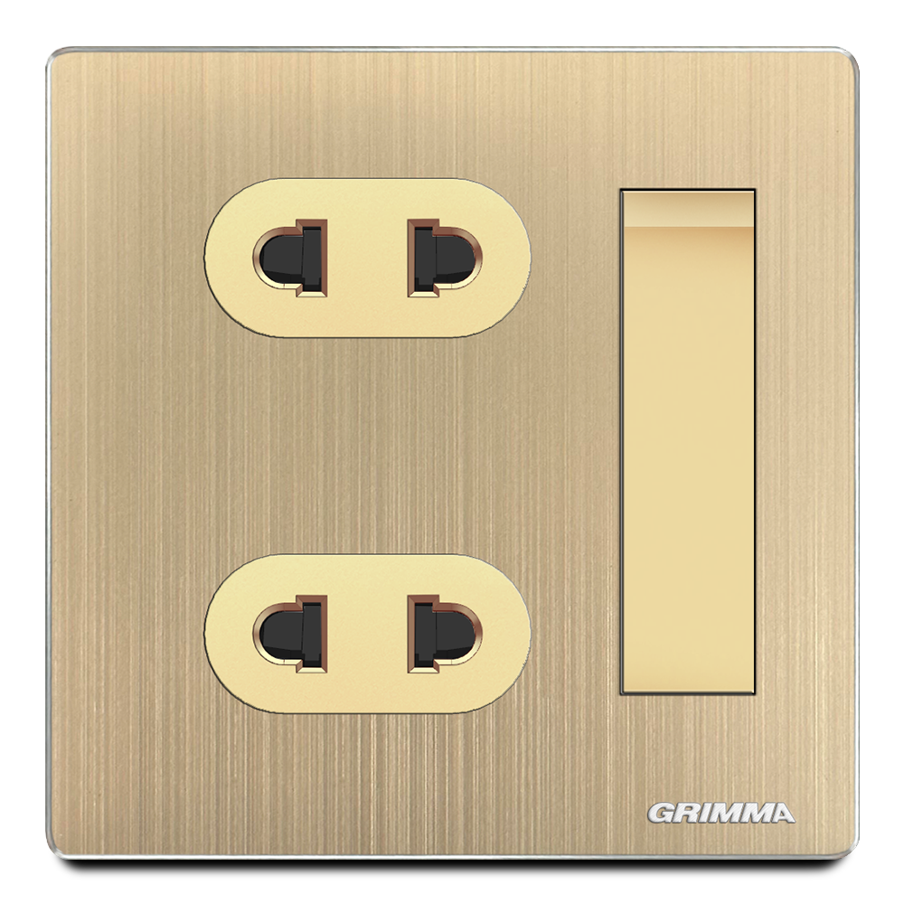 Công tắc đơn 1 chiều + ổ cắm đôi 2 chấu, mặt nhôm, màu vàng gold - Grimma G52GK11SK2