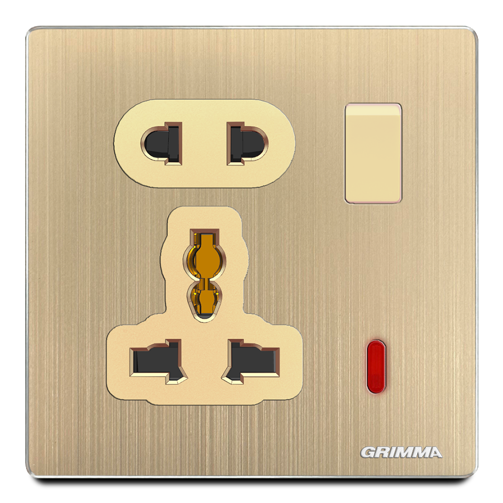 Ổ cắm 2 chấu, 3 chấu có đèn báo, mặt nhôm, màu vàng gold - Grimma G52GKSK23