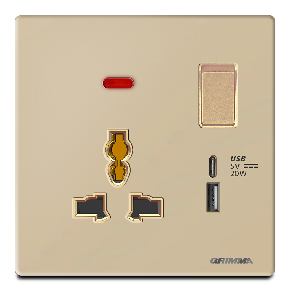 Ổ cắm 3 chấu có đèn báo + ổ USB type C 20W, mặt kính cường lực, màu vàng gold - Grimma G60GUSB