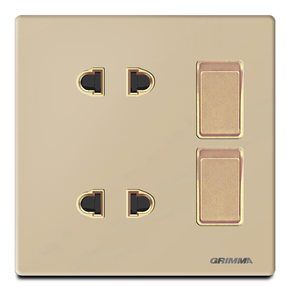 Công tắc đôi 2 chiều + ổ cắm đôi 2 chấu, mặt kính cường lực, màu vàng gold - Grimma G60GK22SK2