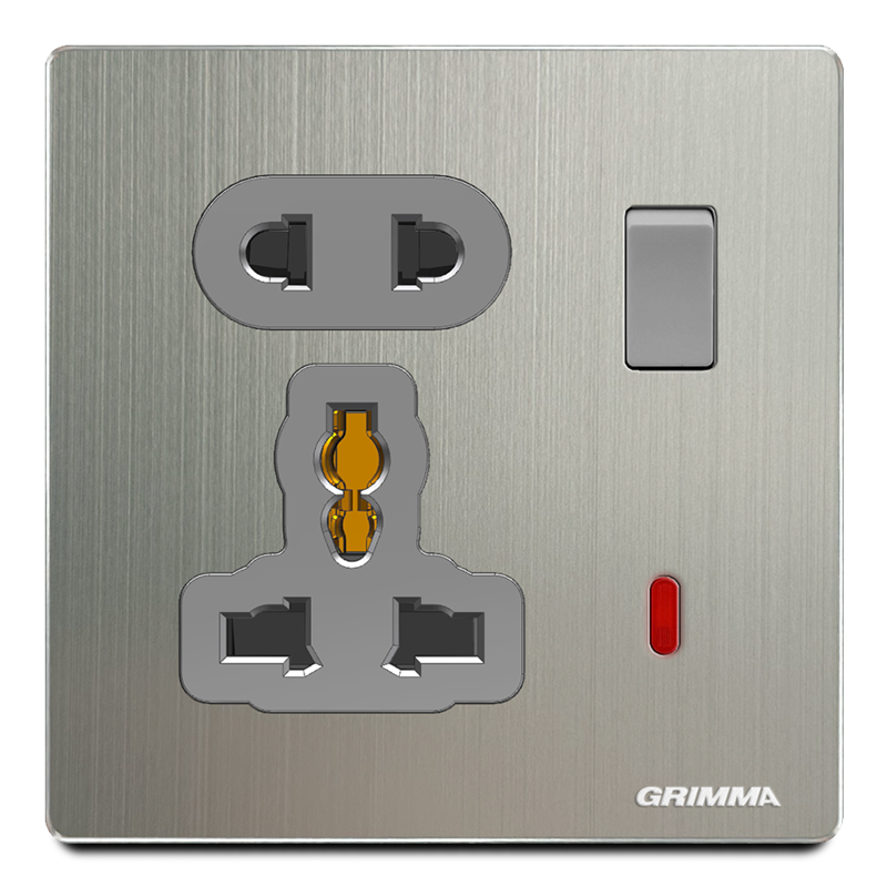 Ổ cắm 2 chấu, 3 chấu có đèn báo, mặt nhôm, xám - Grimma G52KSK23