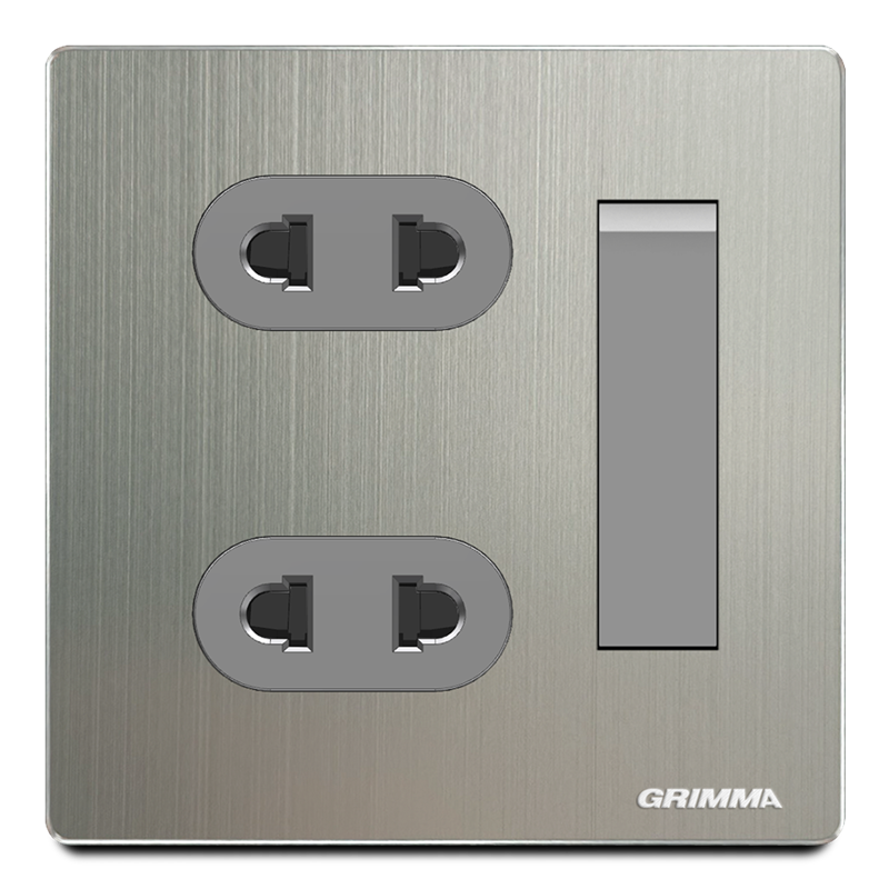 Công tắc đơn 1 chiều + ổ cắm đôi 2 chấu, mặt nhôm, xám - Grimma G52K11SK2
