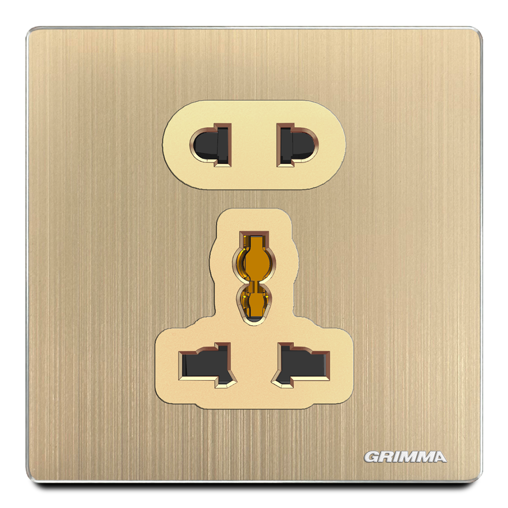 Ổ cắm 2 chấu + 3 chấu đa năng, mặt nhôm, màu vàng gold - Grimma G52GSK23